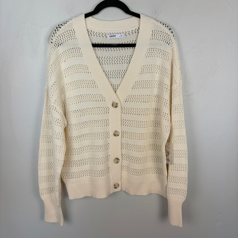 Sonoma Pointelle Cardigan Cream Boho Coastal Grandmother Layering Spring XXL